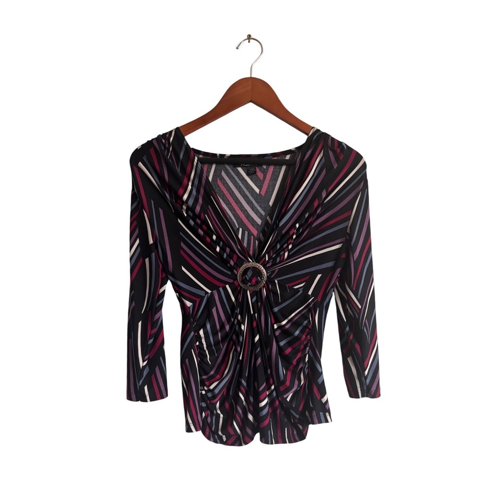 AGB Petite Womens 3/4 Sleeve V-Neck Ruched Ring Geometric Blouse P/M Black Multi